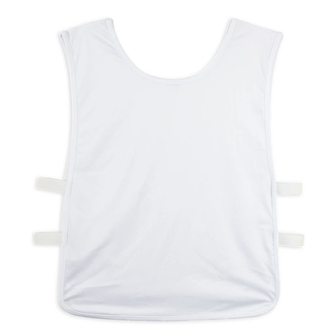 A white unisex bib featuring adjustable straps and a plain design. It has a logo on one side.