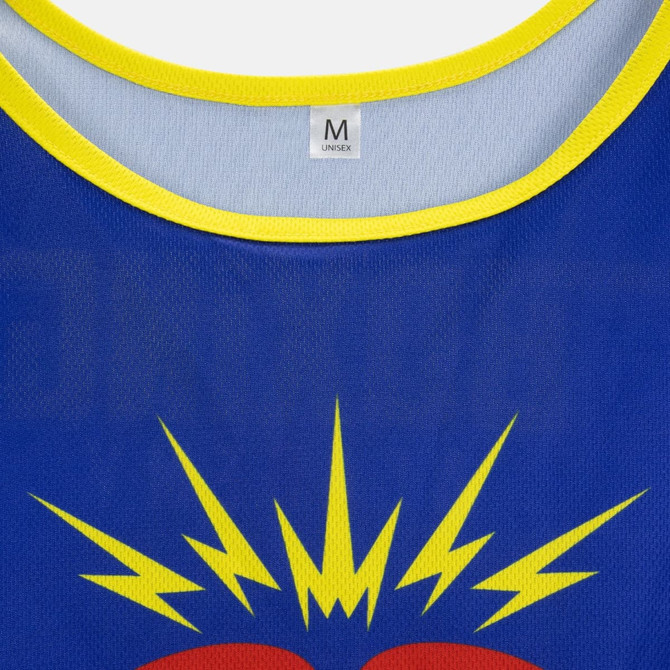 A blue unisex bib with a vibrant yellow trim and bold graphic design featuring lightning bolts. It has a logo.