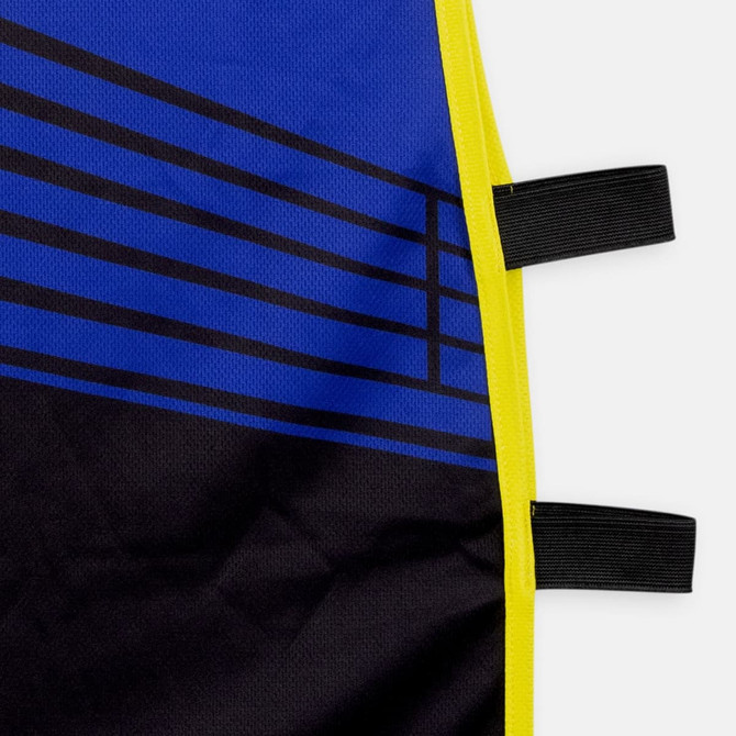 A custom unisex bib in blue and black with yellow trim and straps along the sides.
