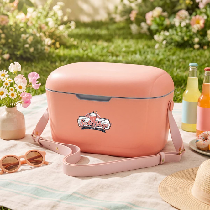 A pink cooler with a logo, placed on a picnic blanket surrounded by flowers, drinks, and sunglasses.