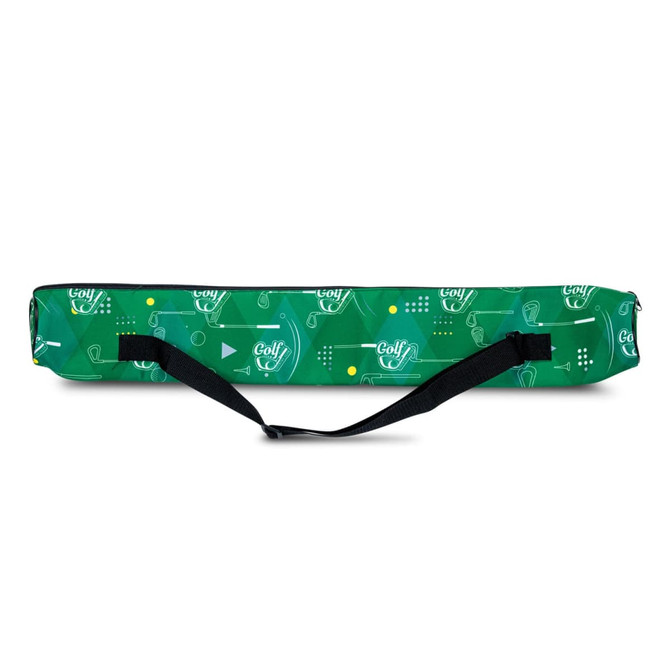 A green cooler sling bag featuring a golf-themed design and a black strap, with a logo present.