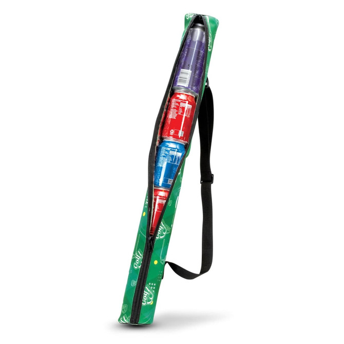 A green cooler sling bag with a black strap, holding multiple drink cans in red, blue, and purple.