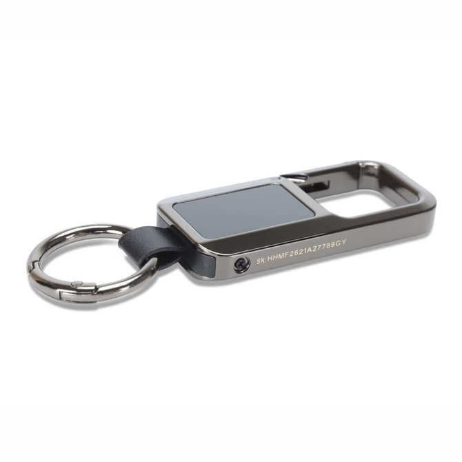 A silver Smart Tag Bluetooth Tracker with a black strap and keyring attachment. It has a rectangular, sleek design.
