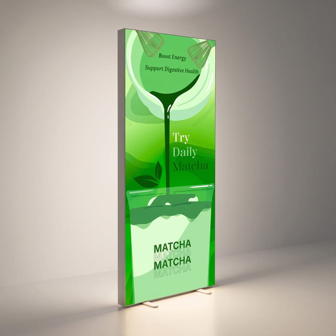 A green Portable Event Lightbox Bannerstand featuring a design related to matcha. It includes a stand for brochures.