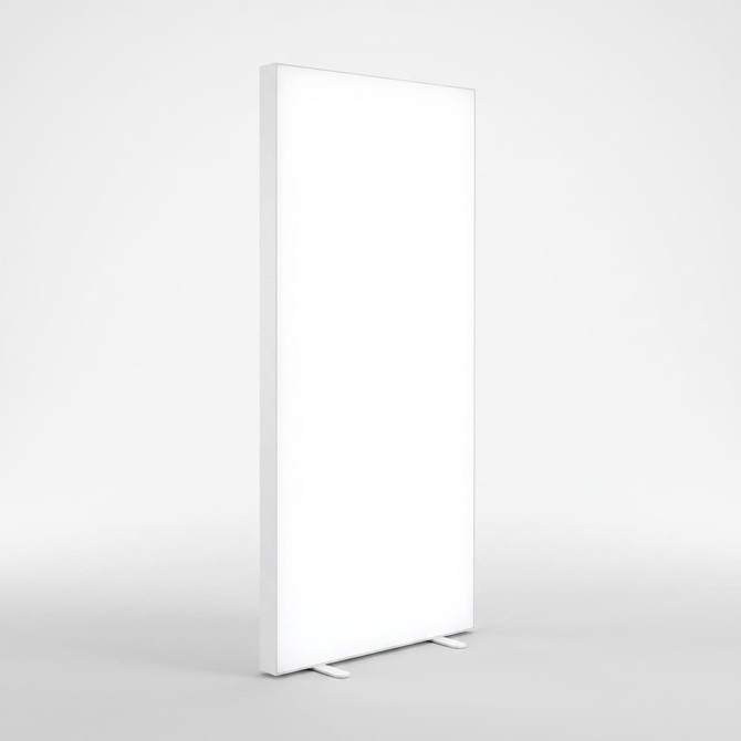 A white portable event lightbox banner stand with a minimalistic design, featuring a sturdy base.