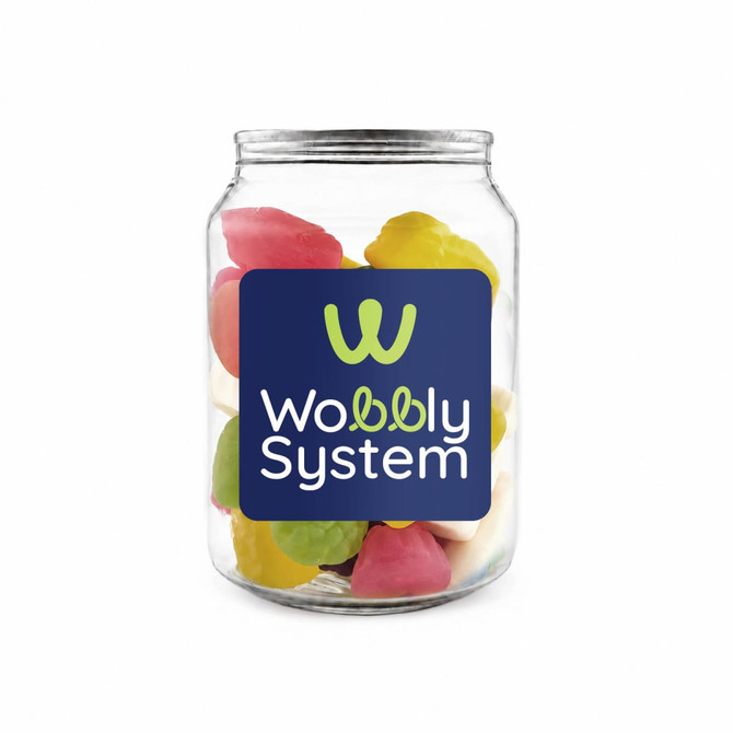 A clear jar filled with colourful, assorted jelly-like sweets, featuring a logo on the front.