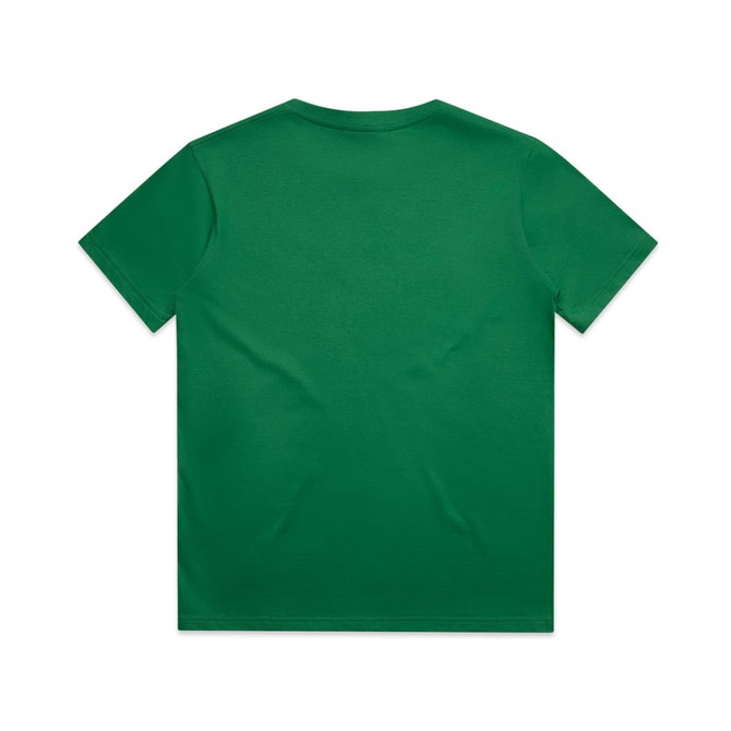 A green youth t-shirt with a simple design and a smooth fabric texture, featuring a logo on the back.
