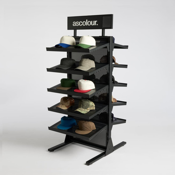 A black hat rack featuring multiple shelves, displaying a variety of caps in different colours and styles.