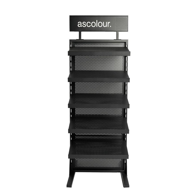 A black hat rack with five shelves and a top sign featuring a logo.