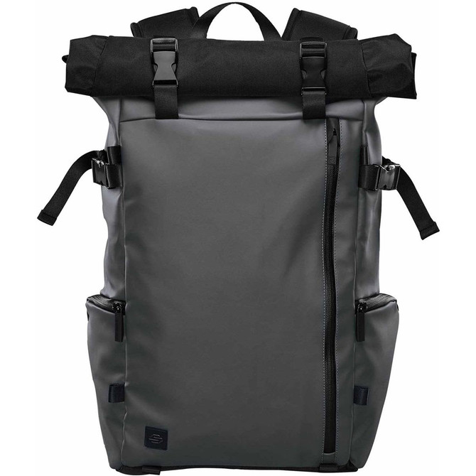 A roll-top backpack in grey with adjustable straps and a black top. It features a logo and multiple pockets.