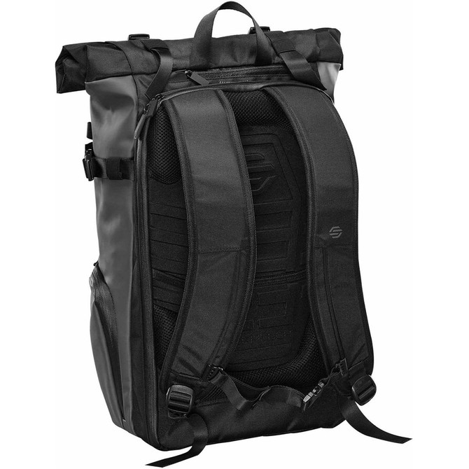 A black roll-top backpack featuring padded shoulder straps and a logo, designed for outdoor use.