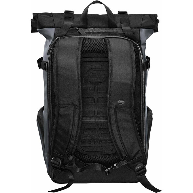 A black roll-top backpack features padded straps, a structured back panel, and a logo.