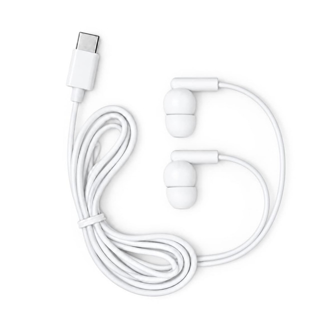 White Type C earbuds with a charging cable, featuring a simple design and smooth finish. Includes a logo on the cable.