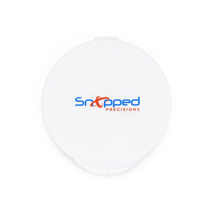 A round white case with a logo, designed for holding earbuds. Simple and sleek design.