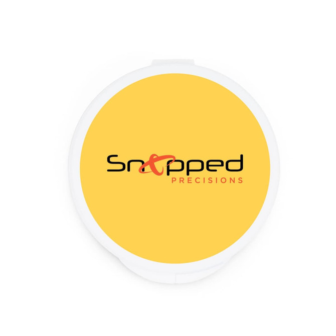 A round, yellow promotional product with a white border, featuring a black and red logo.