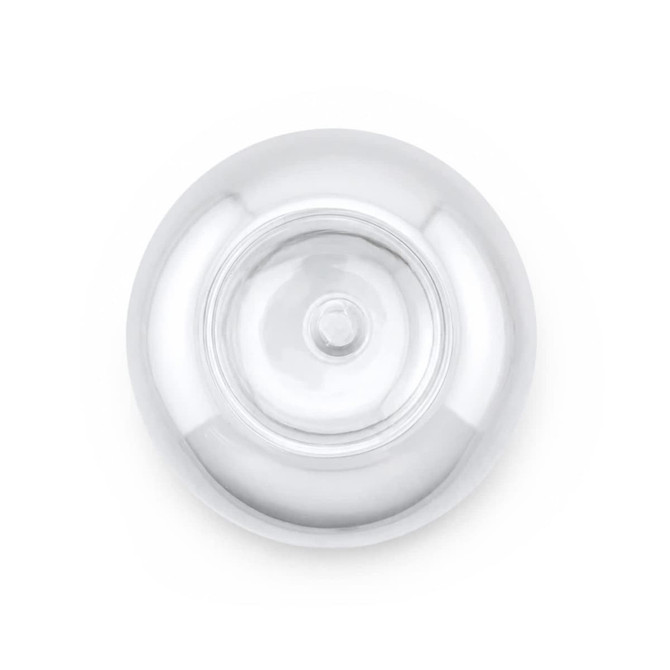A drink bottle in silver with a rounded design and a central base, featuring a logo.