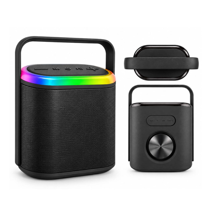 A black Hudson Bluetooth speaker with a rainbow light strip on top and a detachable handle.