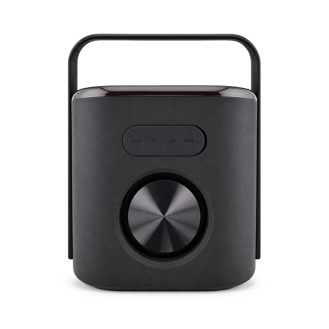 A black Hudson Bluetooth speaker features a rounded base and a carry handle, with control buttons on the front.
