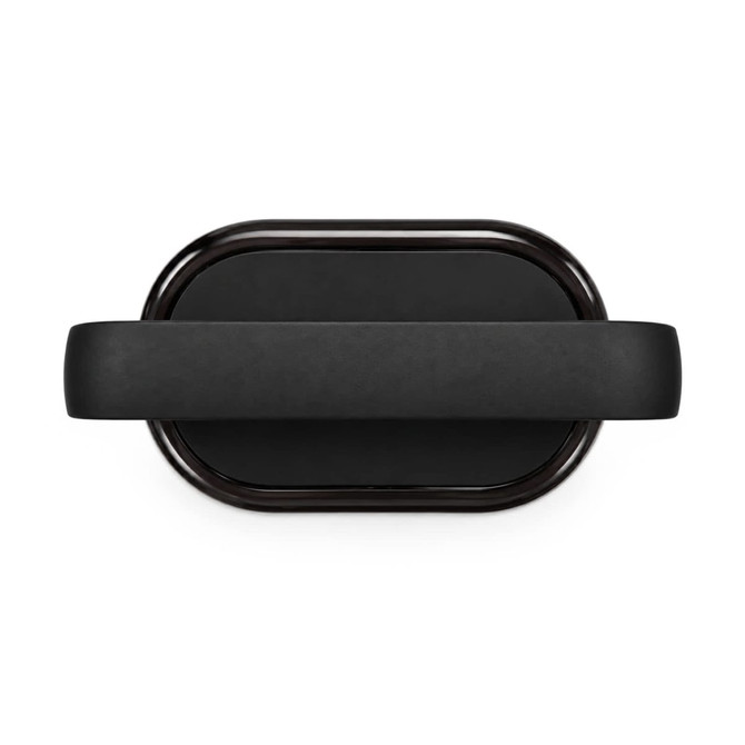 A black Bluetooth speaker with a smooth, oval design and a flat top, featuring a subtle logo.