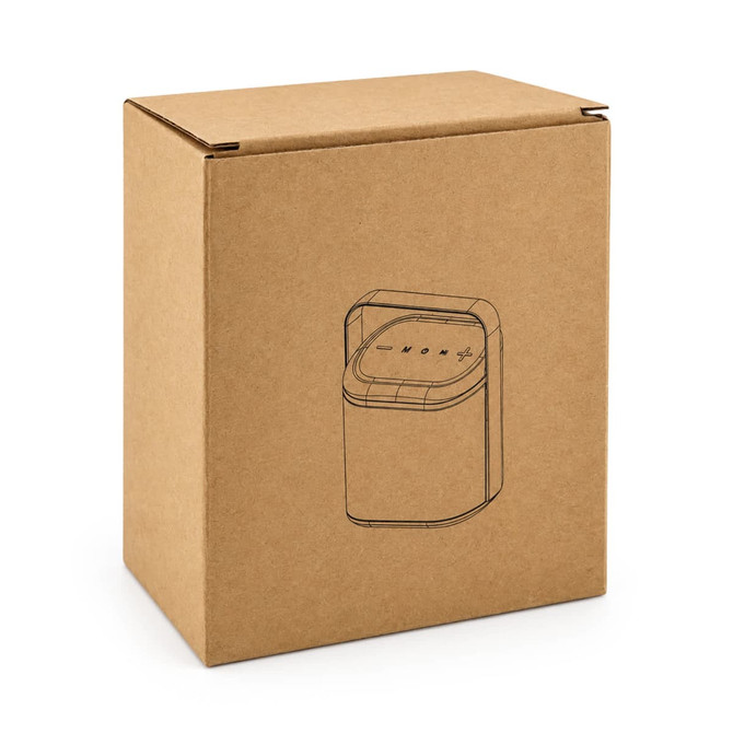 A brown cardboard box featuring a simple line drawing of a speaker on the front.