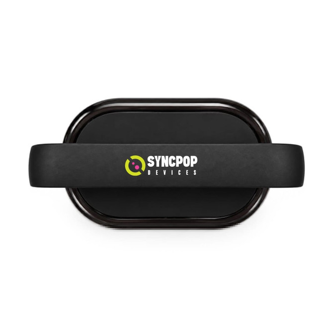 A black Bluetooth speaker with a sleek design and a logo on the top.
