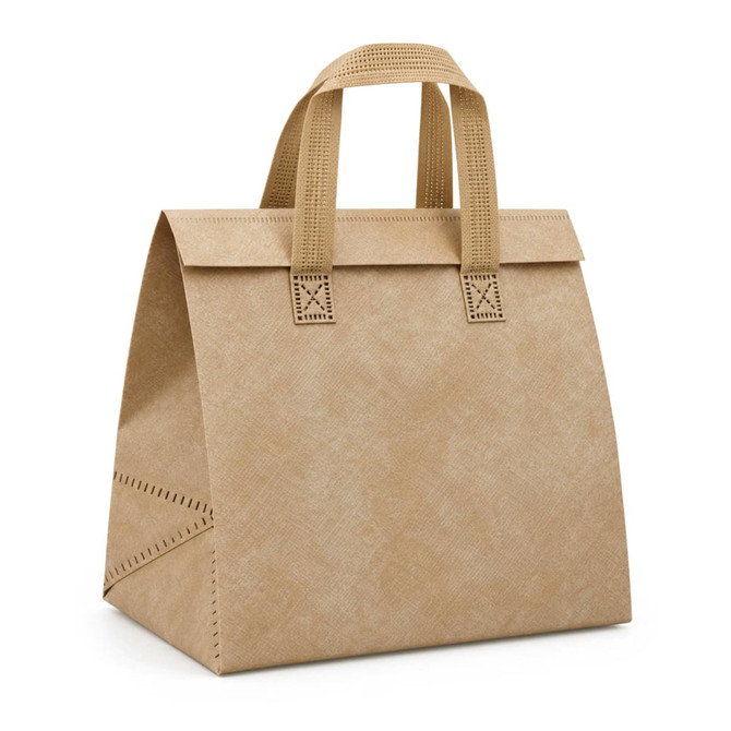 A tan cooler bag with sturdy handles, featuring a textured surface and decorative stitched detailing.