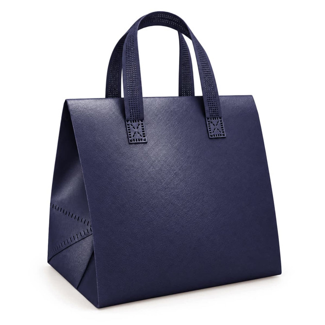 A navy cooler bag with sturdy handles and a structured design. Features a logo on the side.