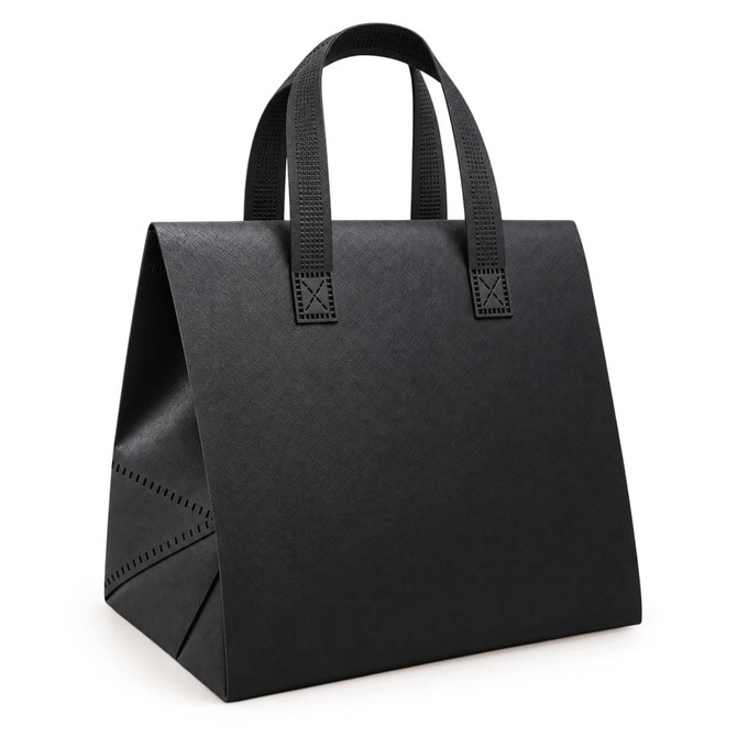 A black cooler bag with sturdy handles and a structured shape, featuring a simple design and no visible branding.