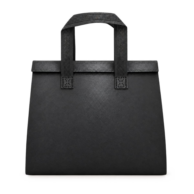 A black cooler bag with sturdy handles and textured details, featuring a minimalist design.