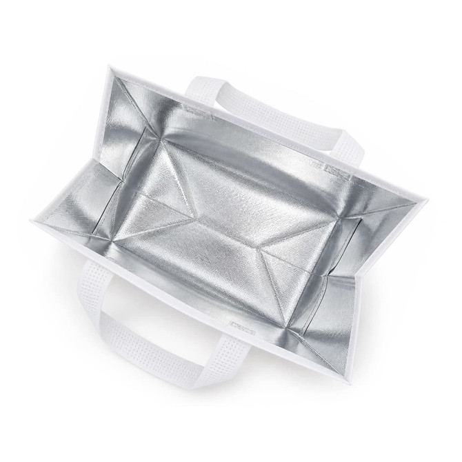 A white cooler bag with silver insulation lining and sturdy handles, featuring an interior designed for temperature retention.