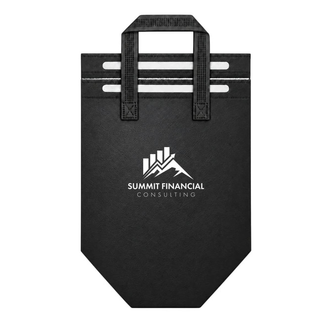 A black cooler bag with two top handles and a logo on the front. Features a flat base for stability.