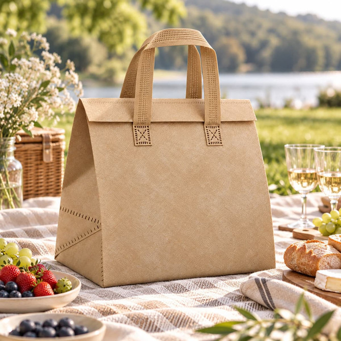 A beige cooler bag with a sturdy handle, positioned on a picnic blanket surrounded by food and a scenic outdoor background.