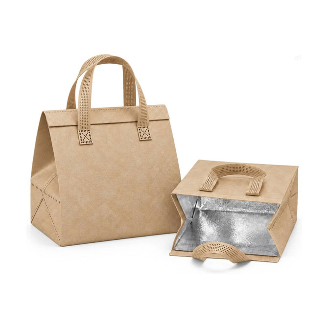 A brown cooler bag with a silver interior and two handles, designed for carrying food and drinks.