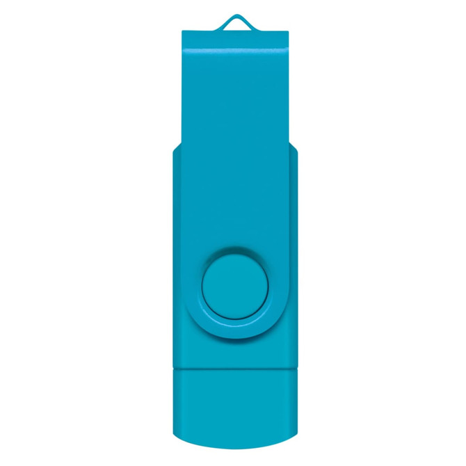 A teal, dual flash drive with a swivel design and a circular button, featuring a branding logo.