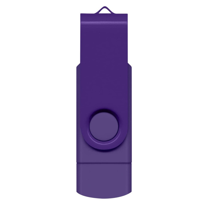 A purple Helix 8GB dual flash drive with a swivel design and a loop for attachment. It features a simple logo.