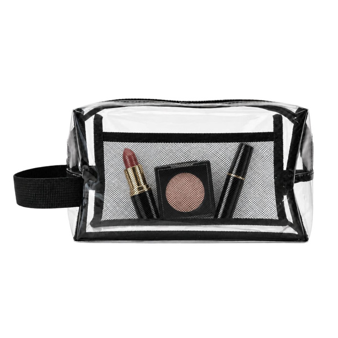 A clear cosmetic bag with black accents, featuring lipsticks, a compact, and mascara inside.