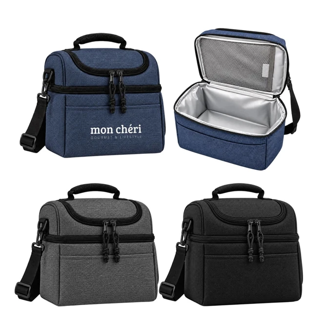 A cooler bag in navy, grey, and black, featuring a zipped top and an insulated interior. It has a logo on the front.