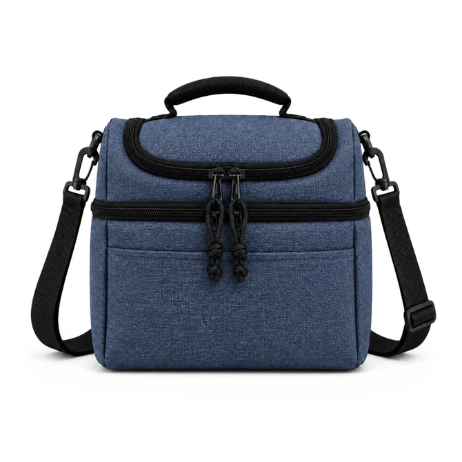 A blue cooler bag with a top handle, adjustable strap, and zippered compartments. It features a front pocket and branding.