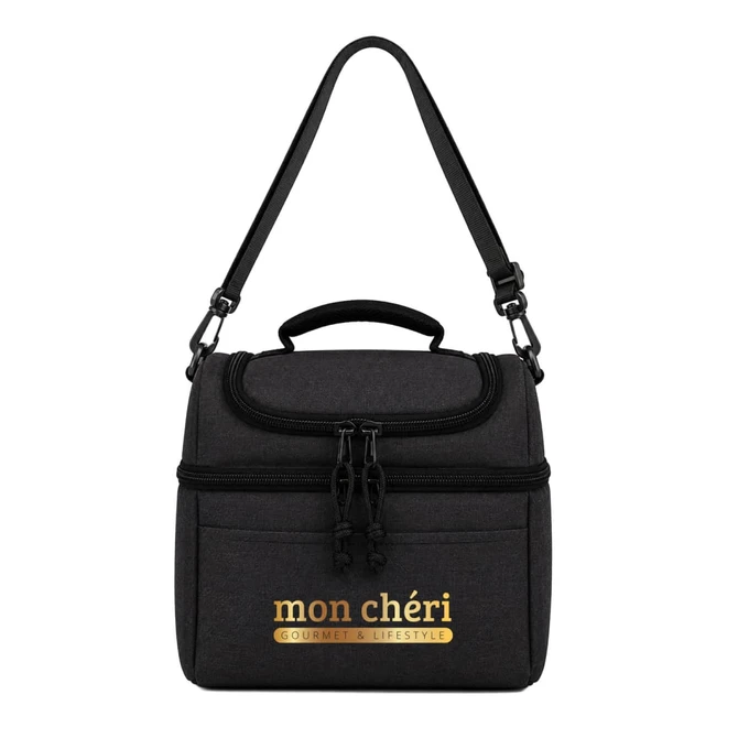 A compact black cooler bag with a shoulder strap and a handle, featuring a logo on the front.