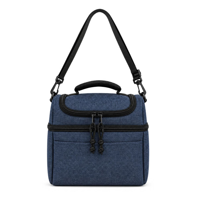 A navy blue cooler bag with a black strap and handle, featuring a zippered main compartment and front pocket.