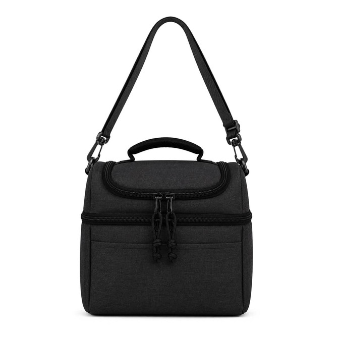 A black cooler bag with a handle and adjustable strap, featuring a zippered compartment and front pocket.
