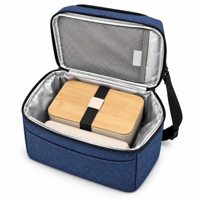 A blue Kanto Cooler Bag with an open lid revealing two containers inside, one wooden and one light-coloured.