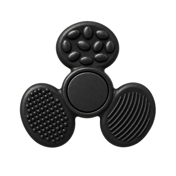 A black tactile fidget spinner with various textured surfaces and a centre button, featuring a logo.