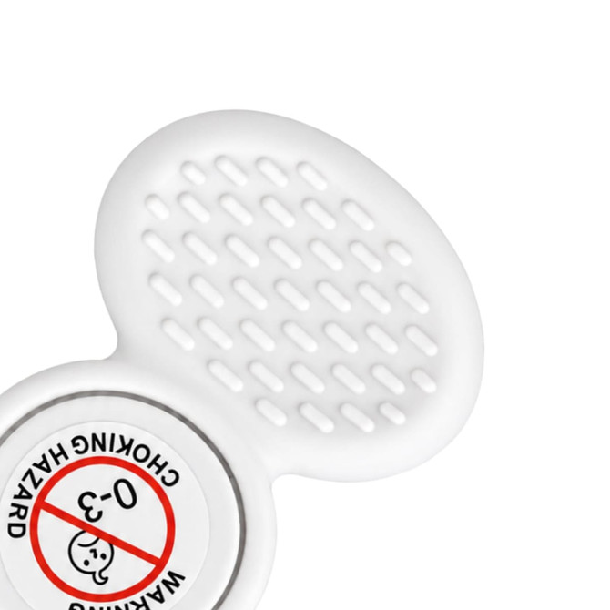 A white tactile fidget spinner with a textured surface on one side and a circular base. It features a logo.