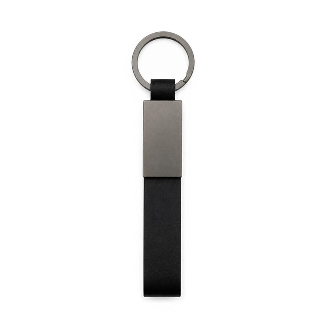 A sleek black keytag with a rectangular metal attachment and a circular keyring. It features a branding logo.