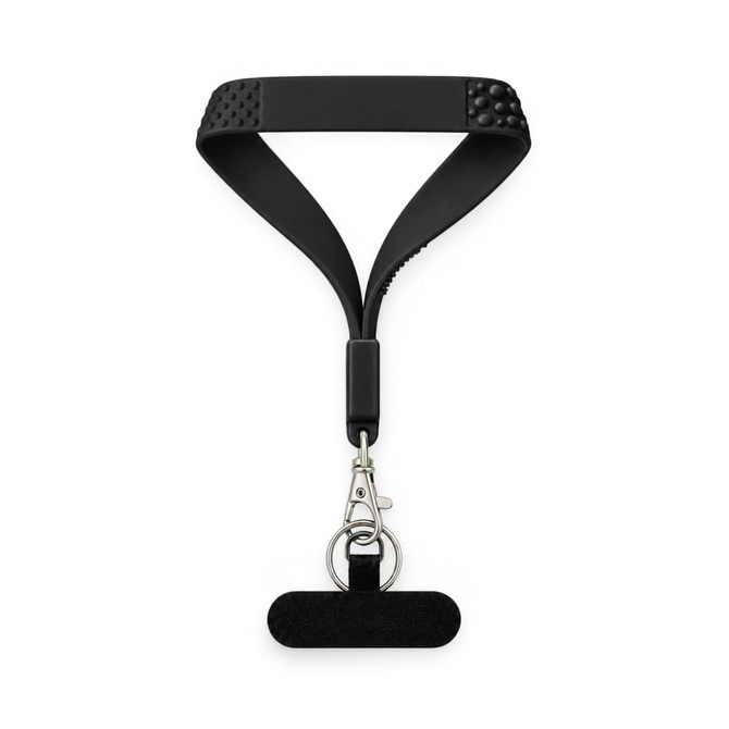 A black wrist tactile phone holder keytag with a textured strap and a metal clip for attaching items.