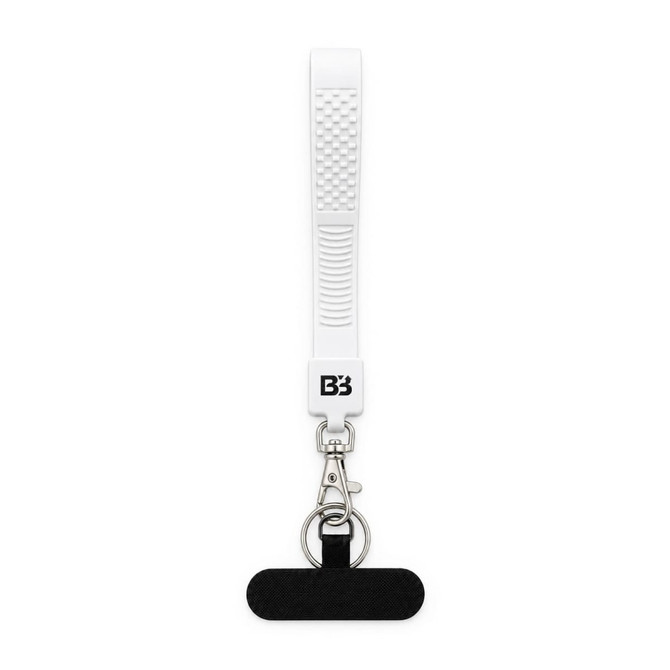 A white wrist strap with a textured surface, featuring a black keytag and a metal clip attachment.