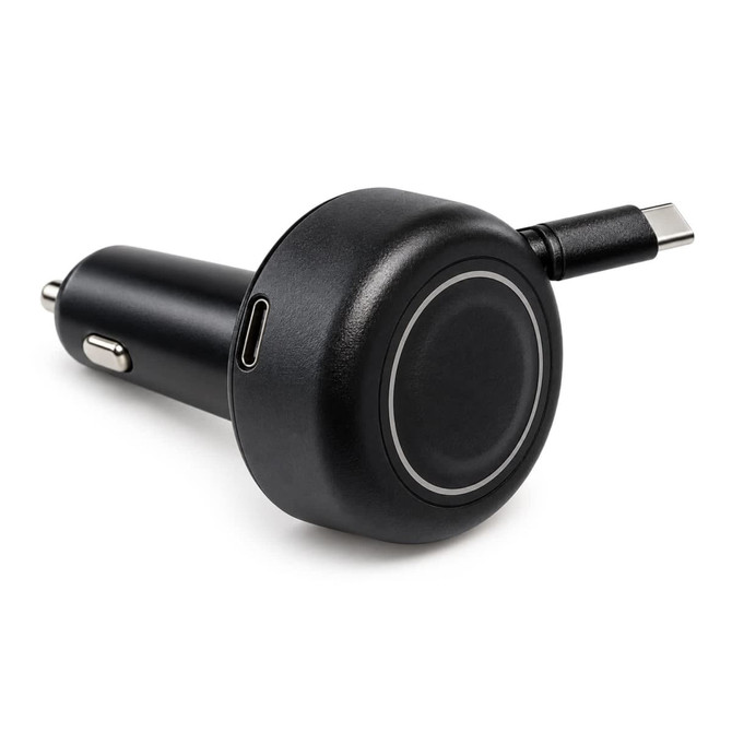 A black Turbo 20w retractable car charger featuring a USB-C port and a sleek circular design.