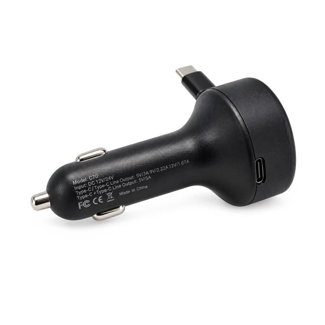 A black Turbo 20w retractable car charger with a USB-C connection and a compact design, featuring a logo.