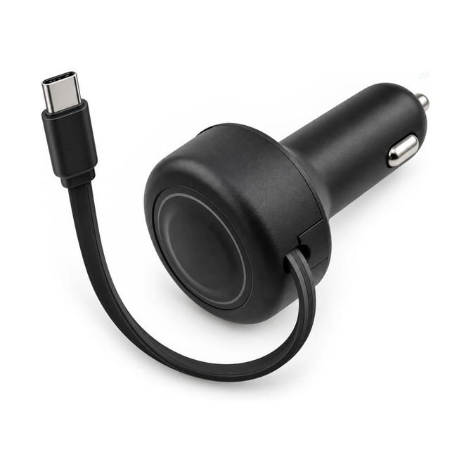 A black retractable car charger with a USB-C cable. It features a circular design and has a logo on it.